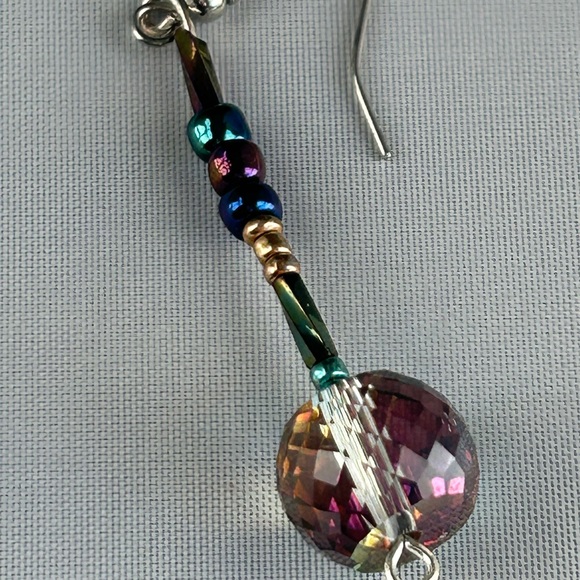 Iridescent Beaded Drop Earrings Handmade - Picture 8 of 8